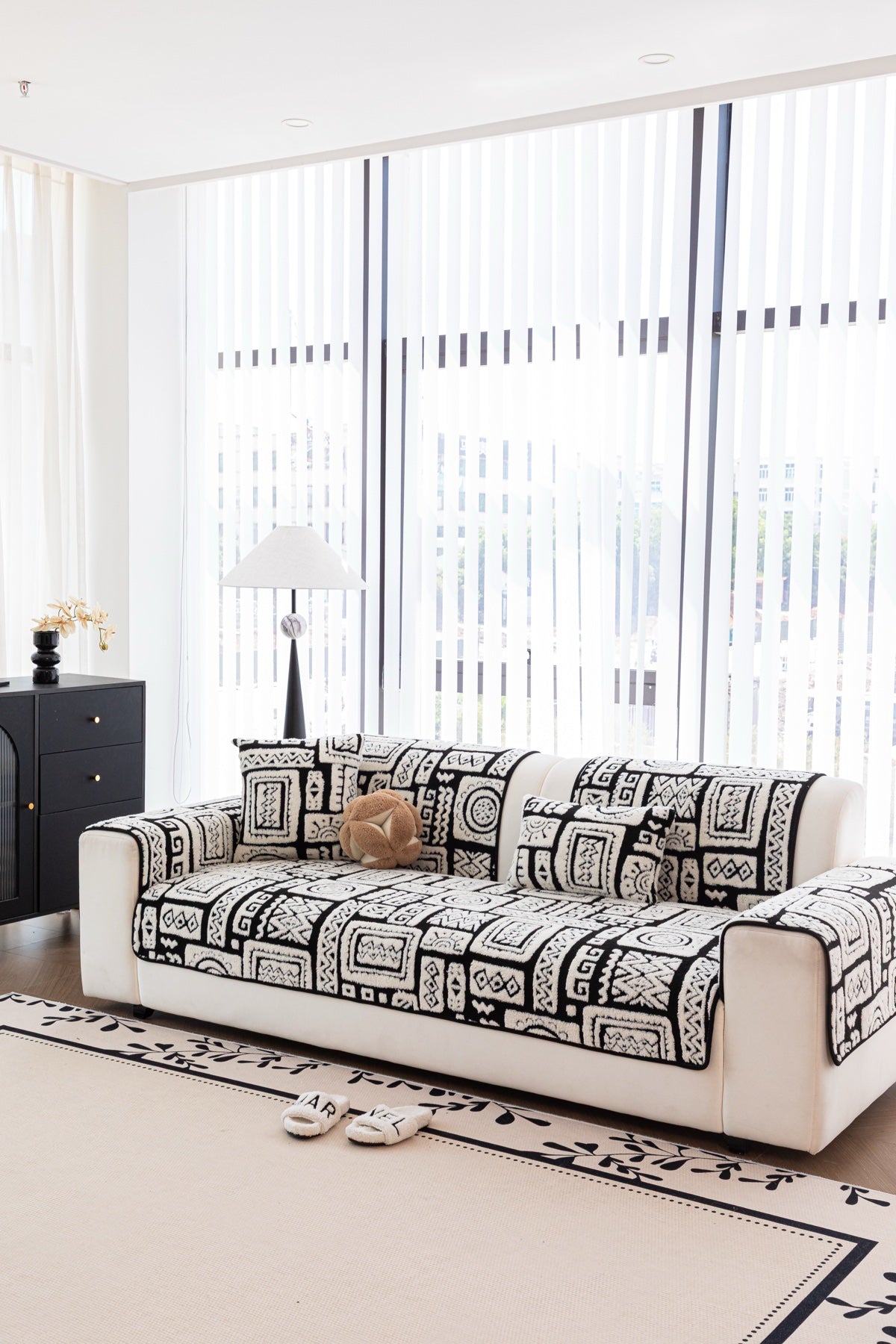 Sofa Decor Elara Geometric Plush Sofa Seat Cover in Black Ivory - detail image for geometric plush couch cover pieces in Australia