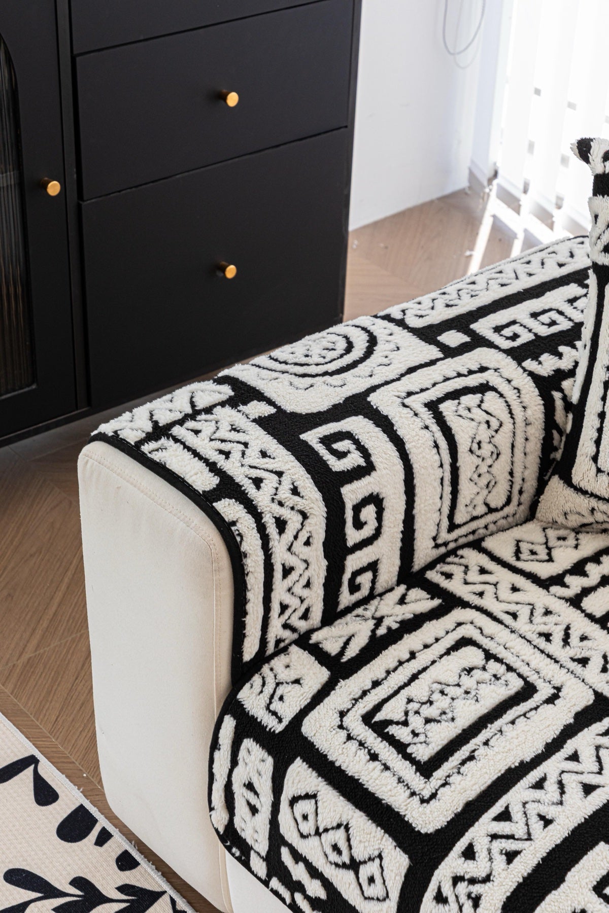 Sofa Decor Elara Geometric Plush Sofa Seat Cover in Black Ivory - detail image for geometric plush couch cover pieces in Australia