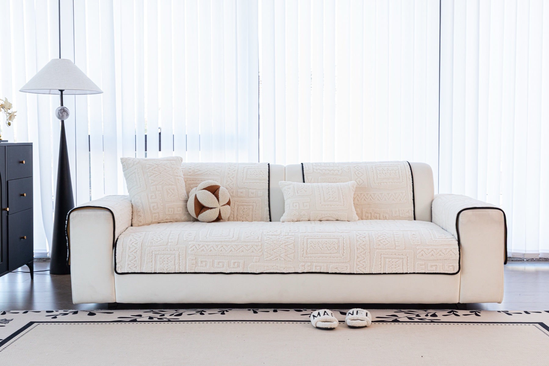 Sofa Decor Elara Geometric Plush Sofa Seat Cover in Ivory Cream - lifestyle image for geometric plush couch cover pieces in Australia