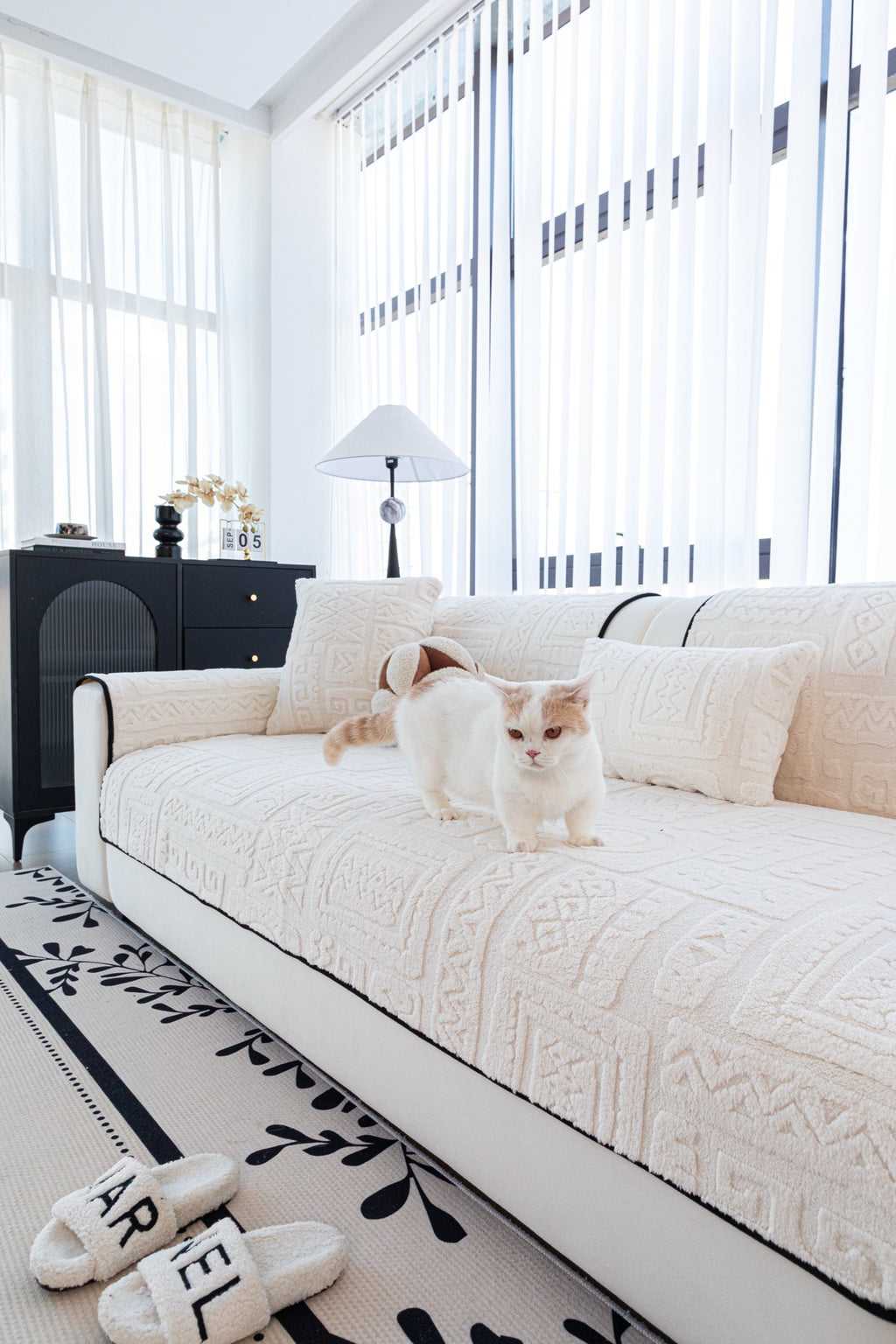 Sofa Decor Elara Geometric Plush Sofa Seat Cover in Ivory Cream - detail image for geometric plush couch cover pieces in Australia