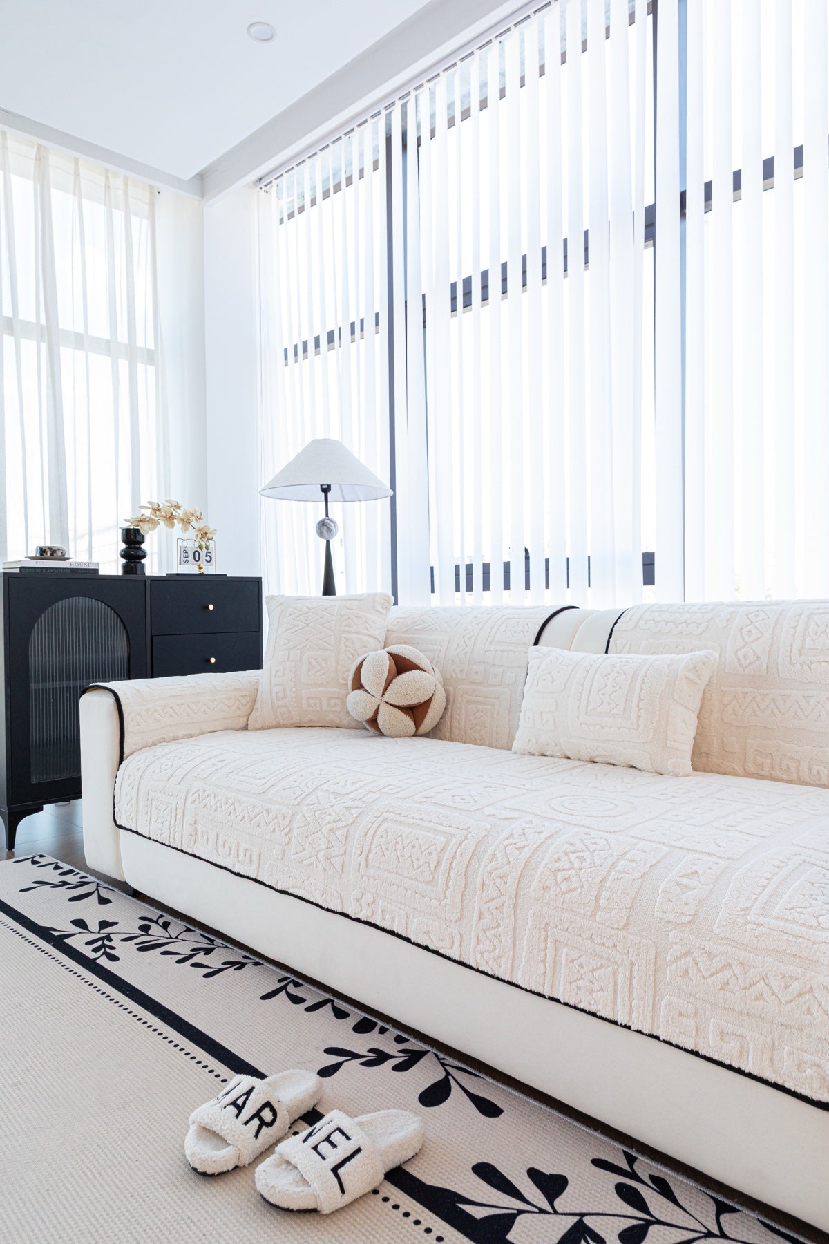 Sofa Decor Elara Geometric Plush Sofa Seat Cover in Ivory Cream - detail image for geometric plush couch cover pieces in Australia
