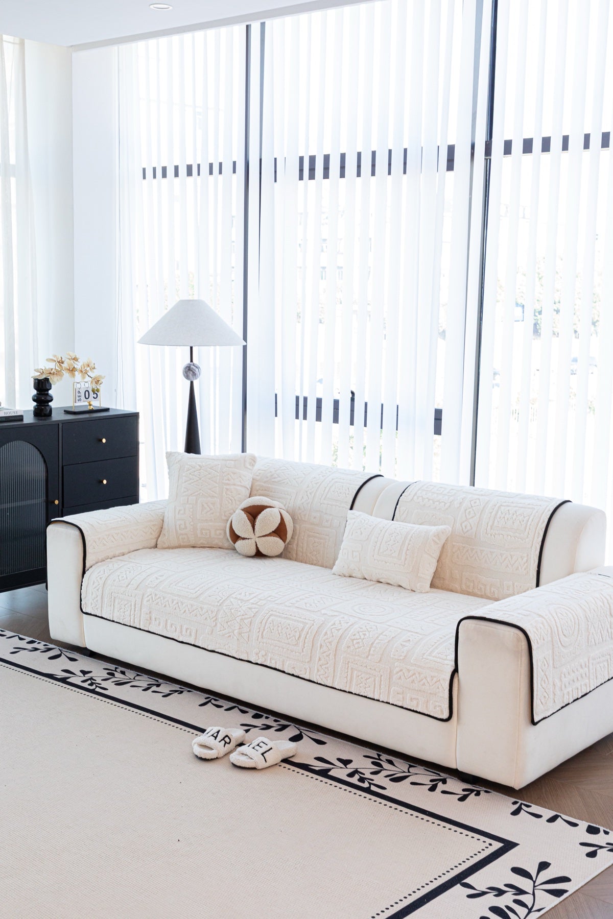 Sofa Decor Elara Geometric Plush Sofa Seat Cover in Ivory Cream - detail image for geometric plush couch cover pieces in Australia