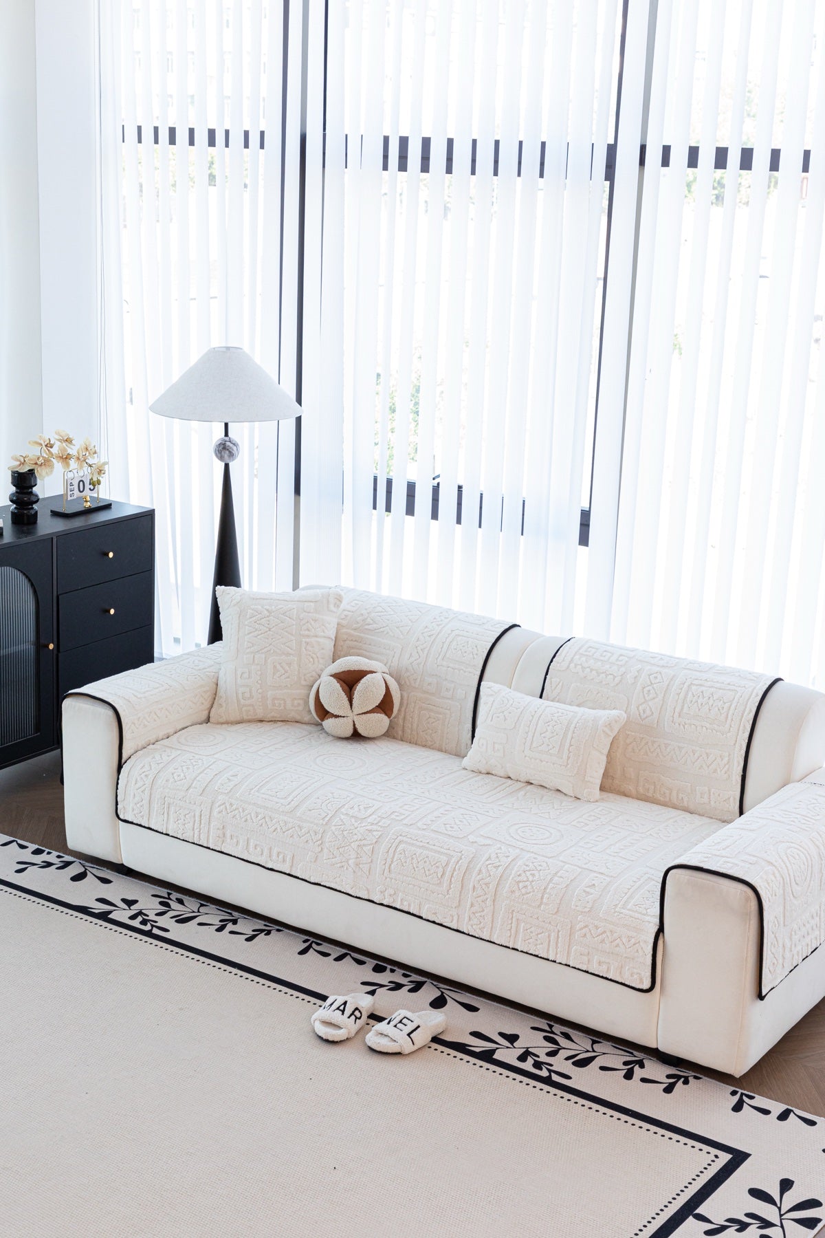 Sofa Decor Elara Geometric Plush Sofa Seat Cover in Ivory Cream - detail image for geometric plush couch cover pieces in Australia