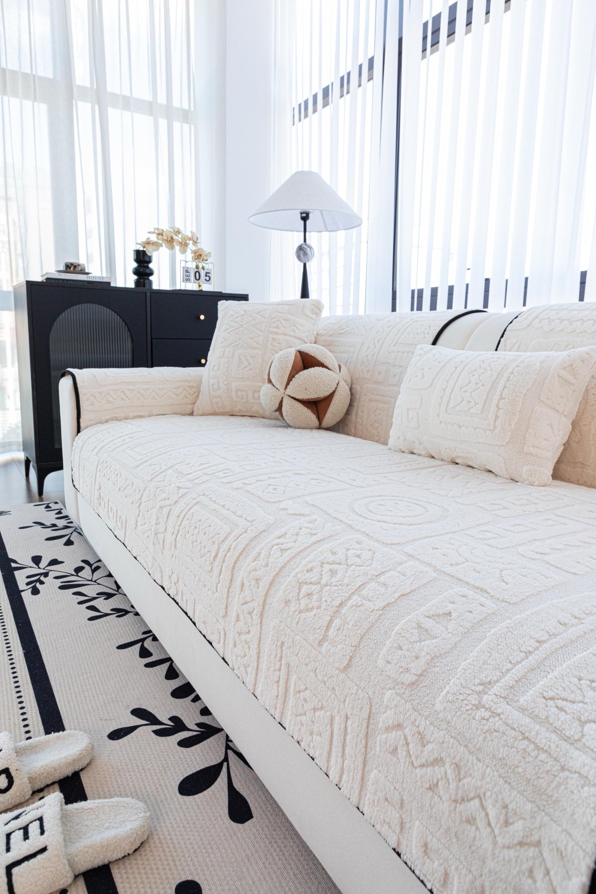 Sofa Decor Elara Geometric Plush Sofa Seat Cover in Ivory Cream - detail image for geometric plush couch cover pieces in Australia