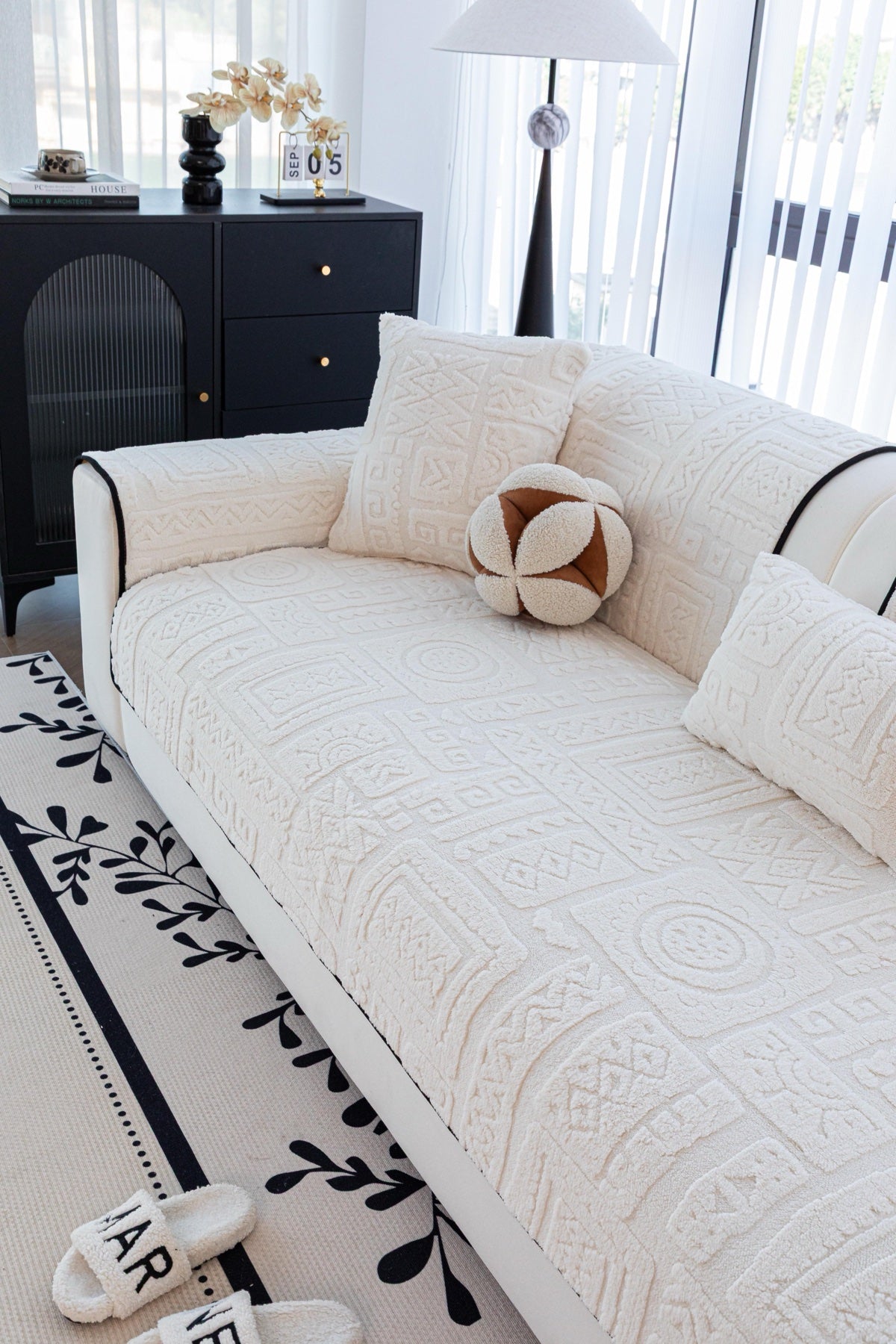 Sofa Decor Elara Geometric Plush Sofa Seat Cover in Ivory Cream - detail image for geometric plush couch cover pieces in Australia