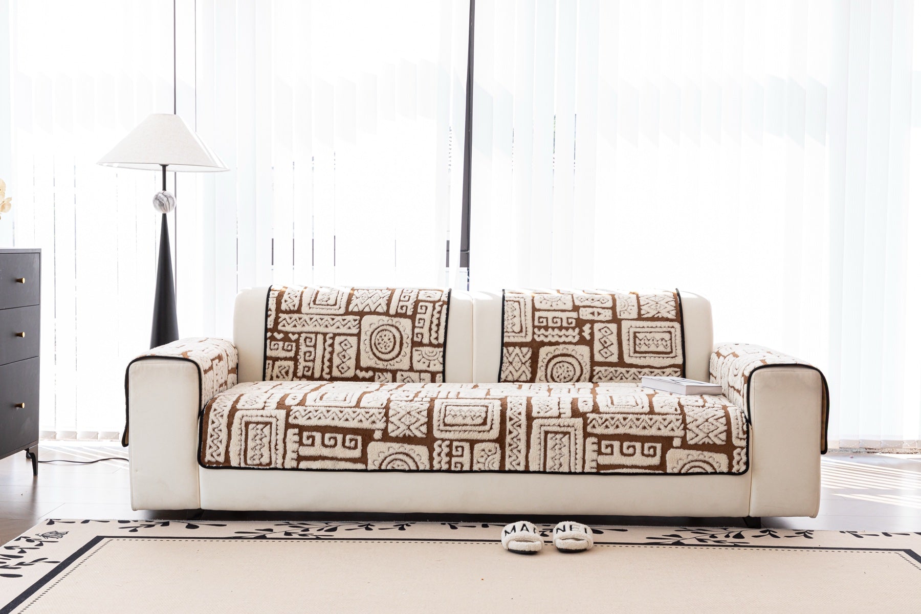 Sofa Decor Elara Geometric Plush Sofa Seat Cover in Mocha Brown - lifestyle image for geometric plush couch cover pieces in Australia