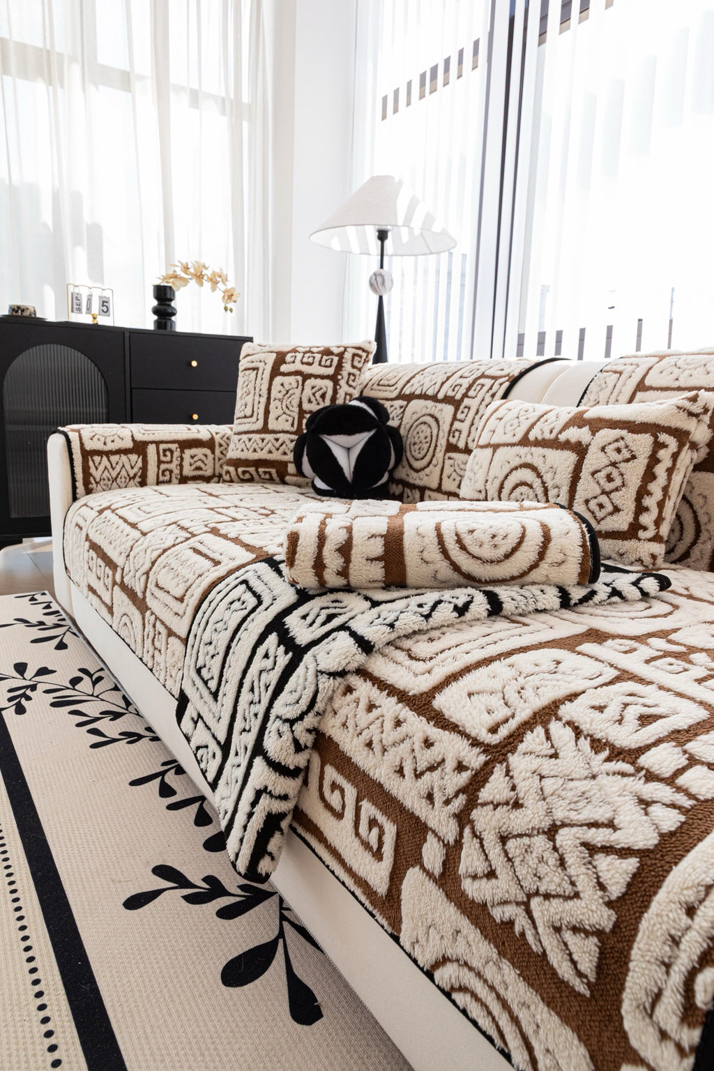 Sofa Decor Elara Geometric Plush Sofa Seat Cover in Mocha Brown - detail image for geometric plush couch cover pieces in Australia