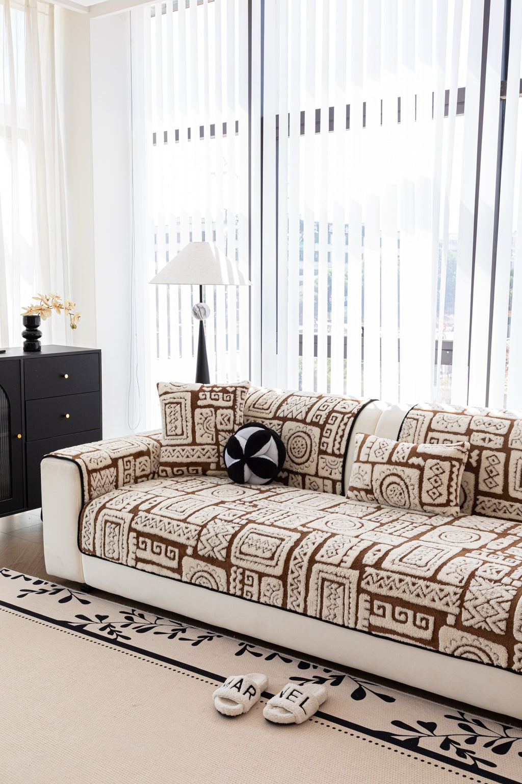 Sofa Decor Elara Geometric Plush Sofa Seat Cover in Mocha Brown - detail image for geometric plush couch cover pieces in Australia