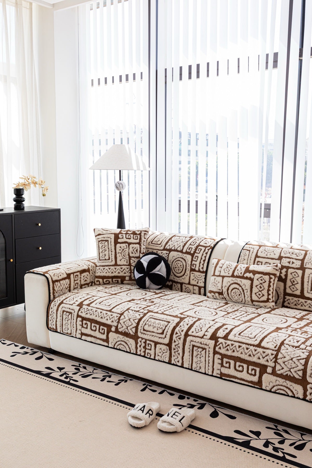 Sofa Decor Elara Geometric Plush Sofa Seat Cover in Mocha Brown - detail image for geometric plush couch cover pieces in Australia