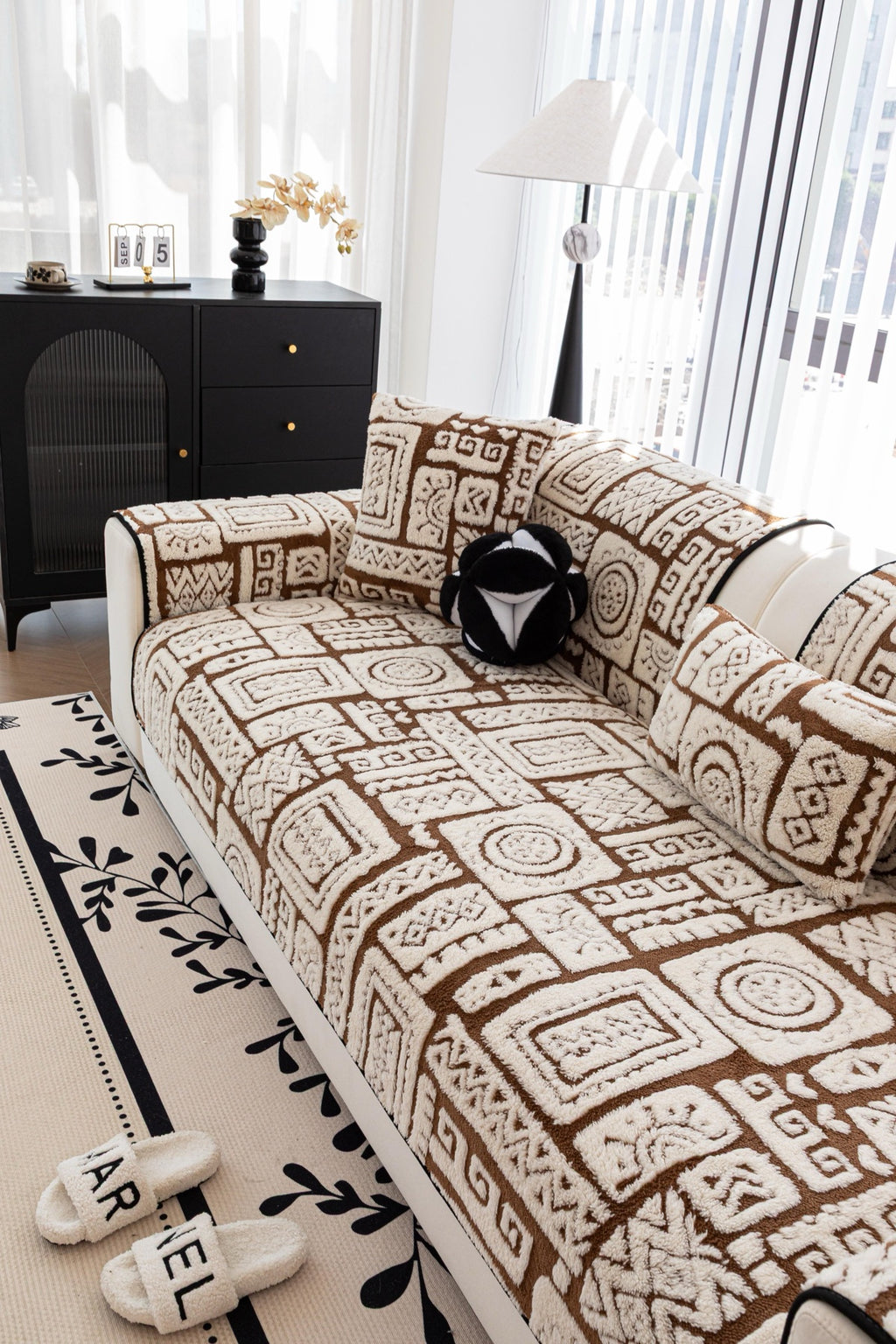 Sofa Decor Elara Geometric Plush Sofa Seat Cover in Mocha Brown - detail image for geometric plush couch cover pieces in Australia