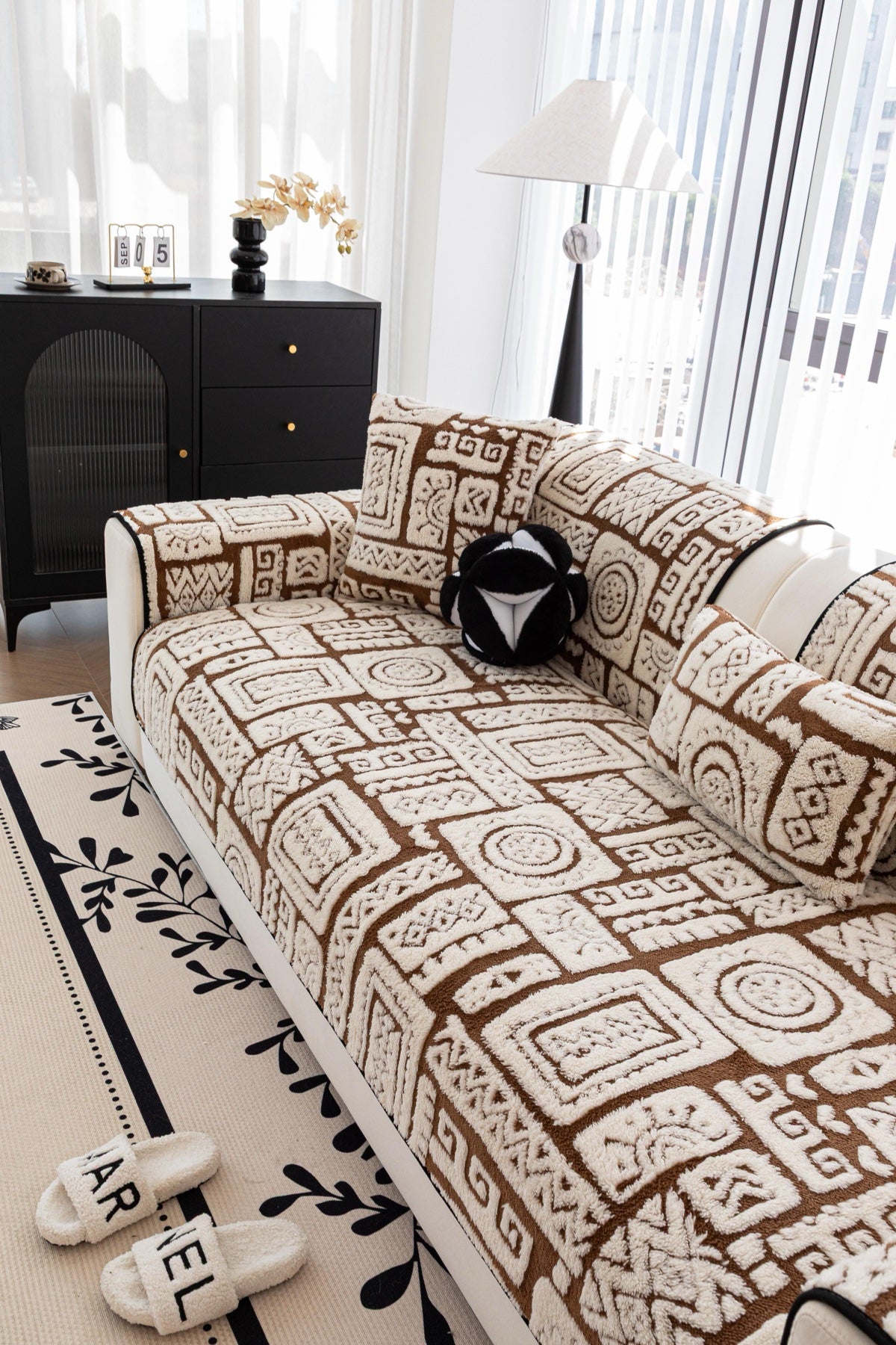 Sofa Decor Elara Geometric Plush Sofa Seat Cover in Mocha Brown - detail image for geometric plush couch cover pieces in Australia