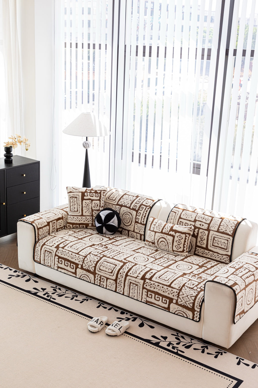 Sofa Decor Elara Geometric Plush Sofa Seat Cover in Mocha Brown - detail image for geometric plush couch cover pieces in Australia