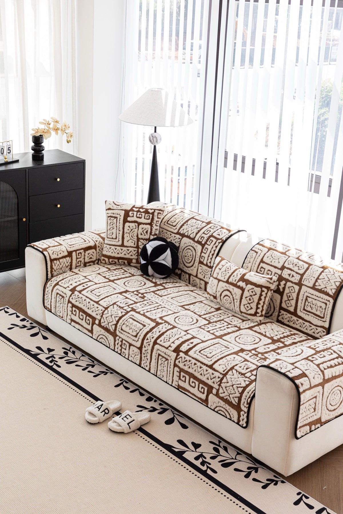 Sofa Decor Elara Geometric Plush Sofa Seat Cover in Mocha Brown - detail image for geometric plush couch cover pieces in Australia