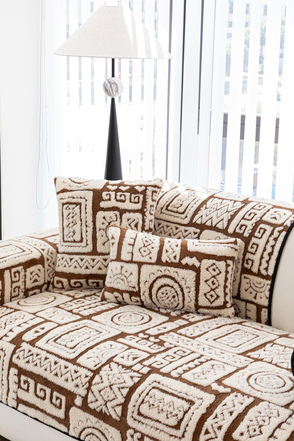 Sofa Decor Elara Geometric Plush Sofa Seat Cover in Mocha Brown - detail image for geometric plush couch cover pieces in Australia