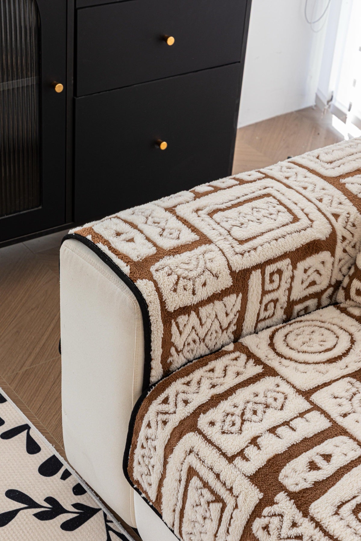 Sofa Decor Elara Geometric Plush Sofa Seat Cover in Mocha Brown - detail image for geometric plush couch cover pieces in Australia