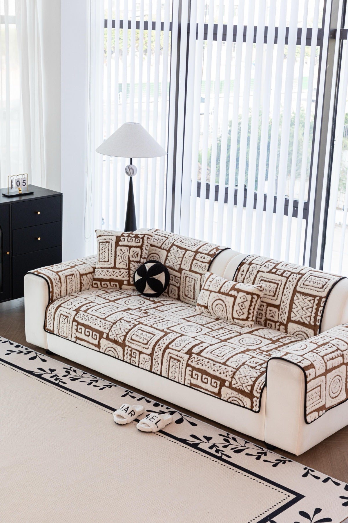 Sofa Decor Elara Geometric Plush Sofa Seat Cover in Mocha Brown - detail image for geometric plush couch cover pieces in Australia
