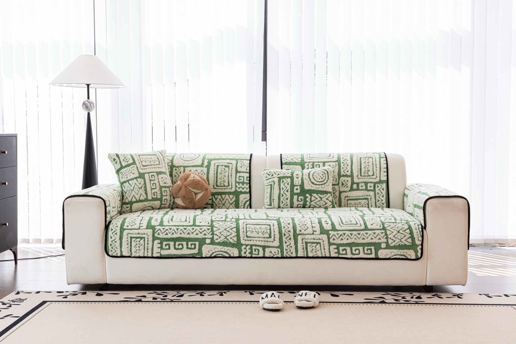 Sofa Decor Elara Geometric Plush Sofa Seat Cover in Sage Green - lifestyle image for geometric plush couch cover pieces in Australia