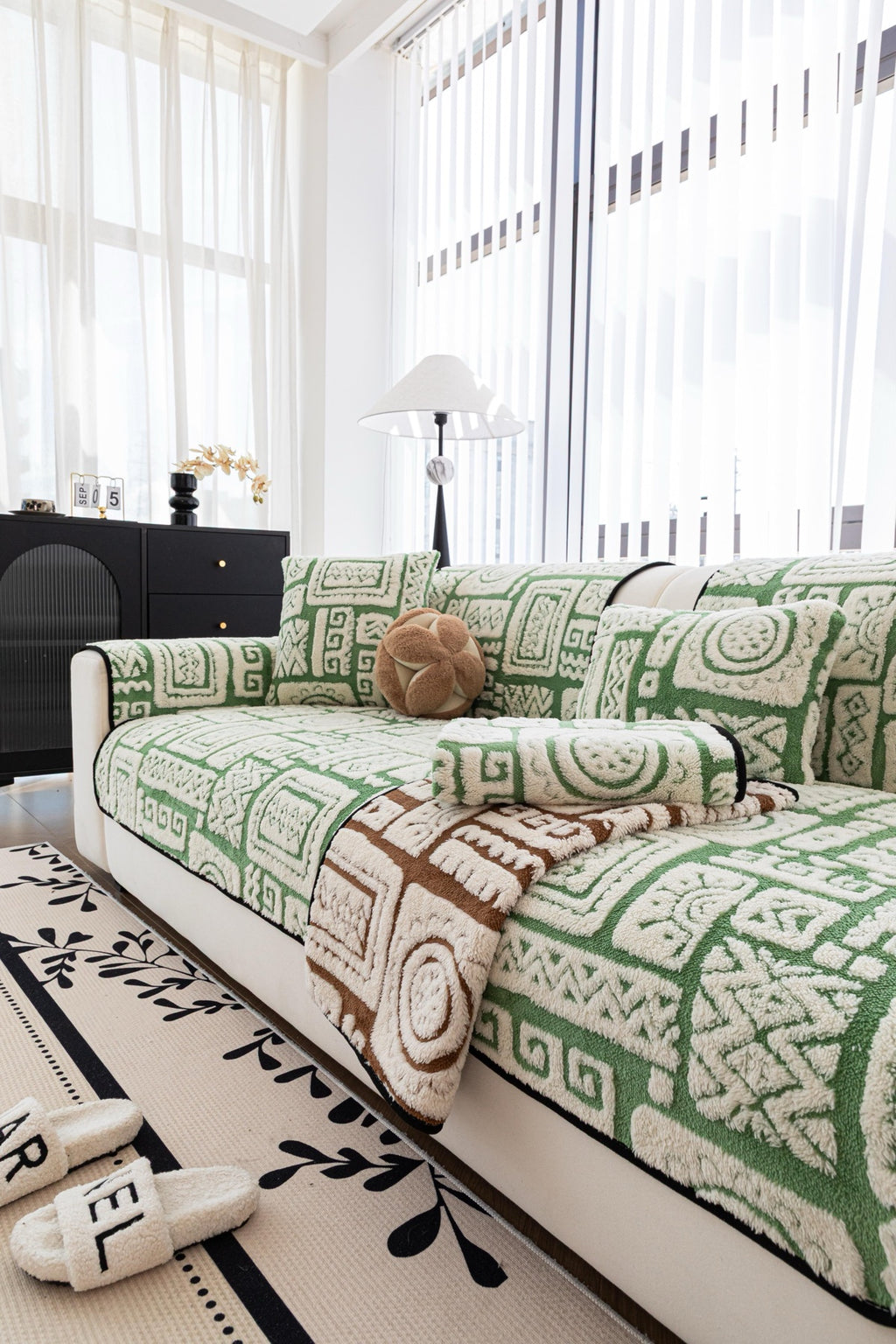 Sofa Decor Elara Geometric Plush Sofa Seat Cover in Sage Green - detail image for geometric plush couch cover pieces in Australia