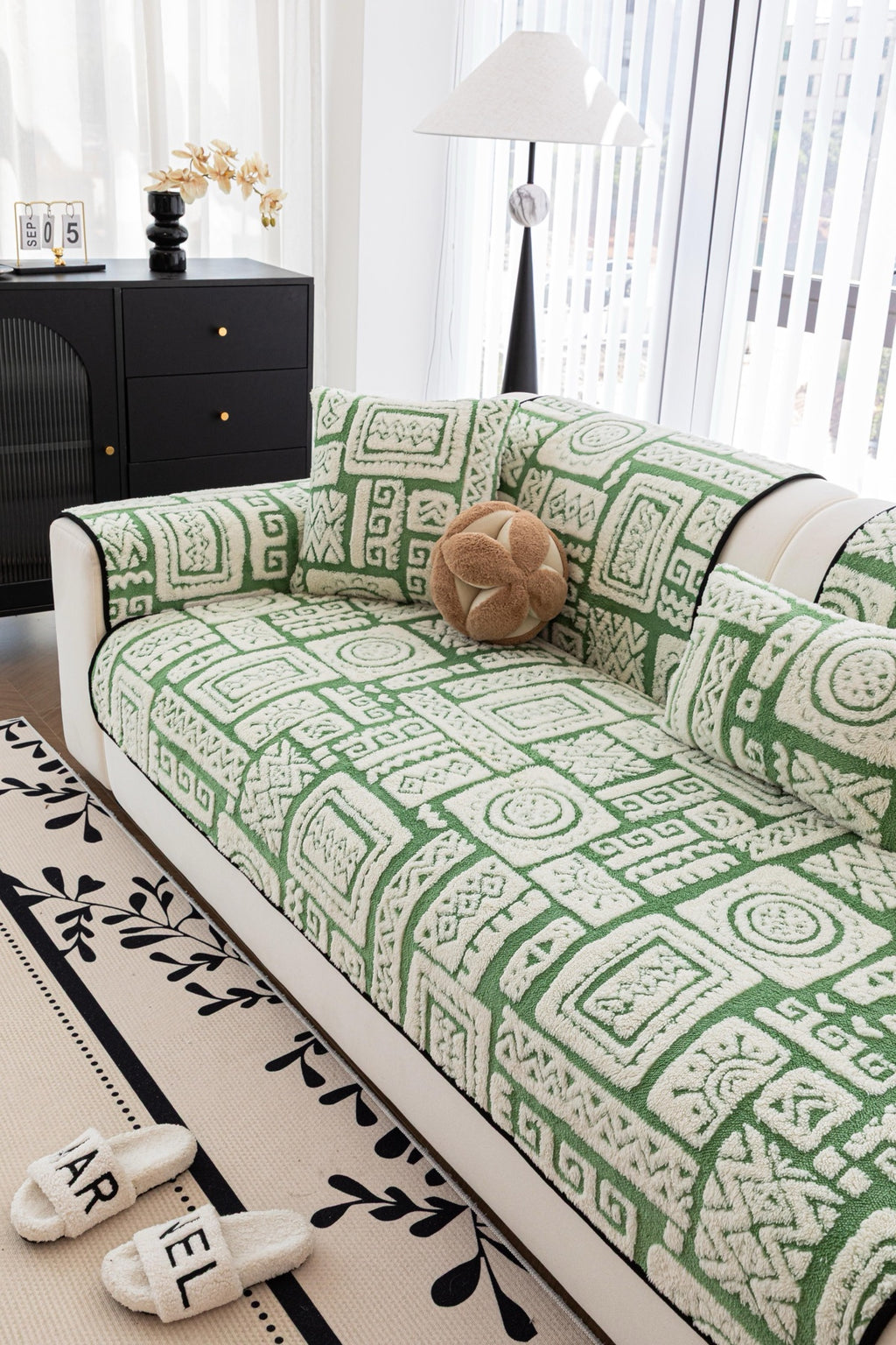 Sofa Decor Elara Geometric Plush Sofa Seat Cover in Sage Green - detail image for geometric plush couch cover pieces in Australia