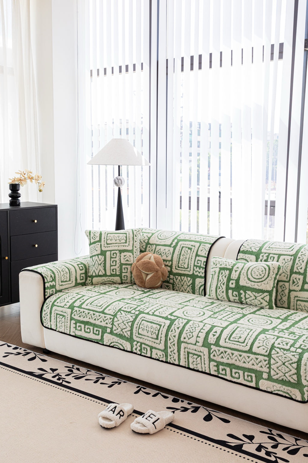 Sofa Decor Elara Geometric Plush Sofa Seat Cover in Sage Green - detail image for geometric plush couch cover pieces in Australia