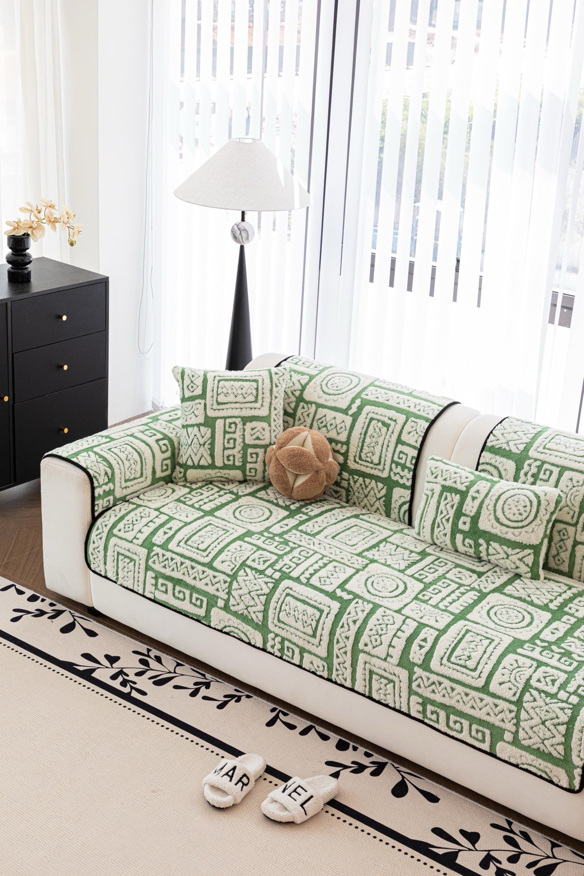 Sofa Decor Elara Geometric Plush Sofa Seat Cover in Sage Green - detail image for geometric plush couch cover pieces in Australia