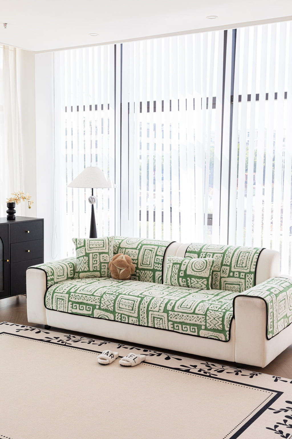 Sofa Decor Elara Geometric Plush Sofa Seat Cover in Sage Green - detail image for geometric plush couch cover pieces in Australia