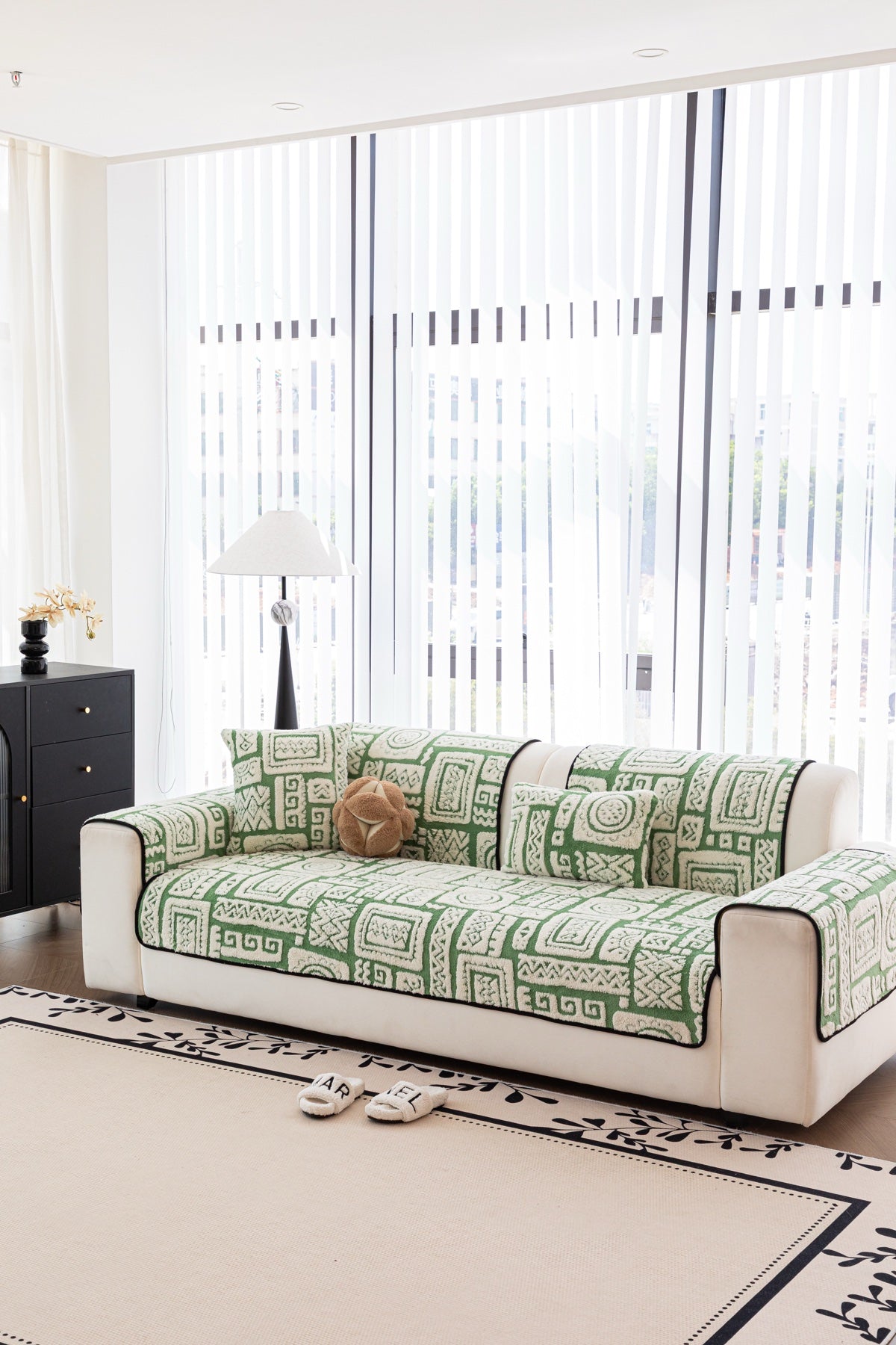 Sofa Decor Elara Geometric Plush Sofa Seat Cover in Sage Green - detail image for geometric plush couch cover pieces in Australia