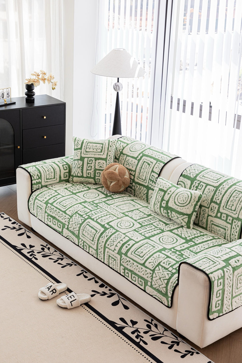 Sofa Decor Elara Geometric Plush Sofa Seat Cover in Sage Green - detail image for geometric plush couch cover pieces in Australia