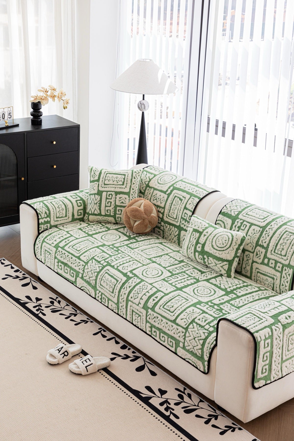 Sofa Decor Elara Geometric Plush Sofa Seat Cover in Sage Green - detail image for geometric plush couch cover pieces in Australia