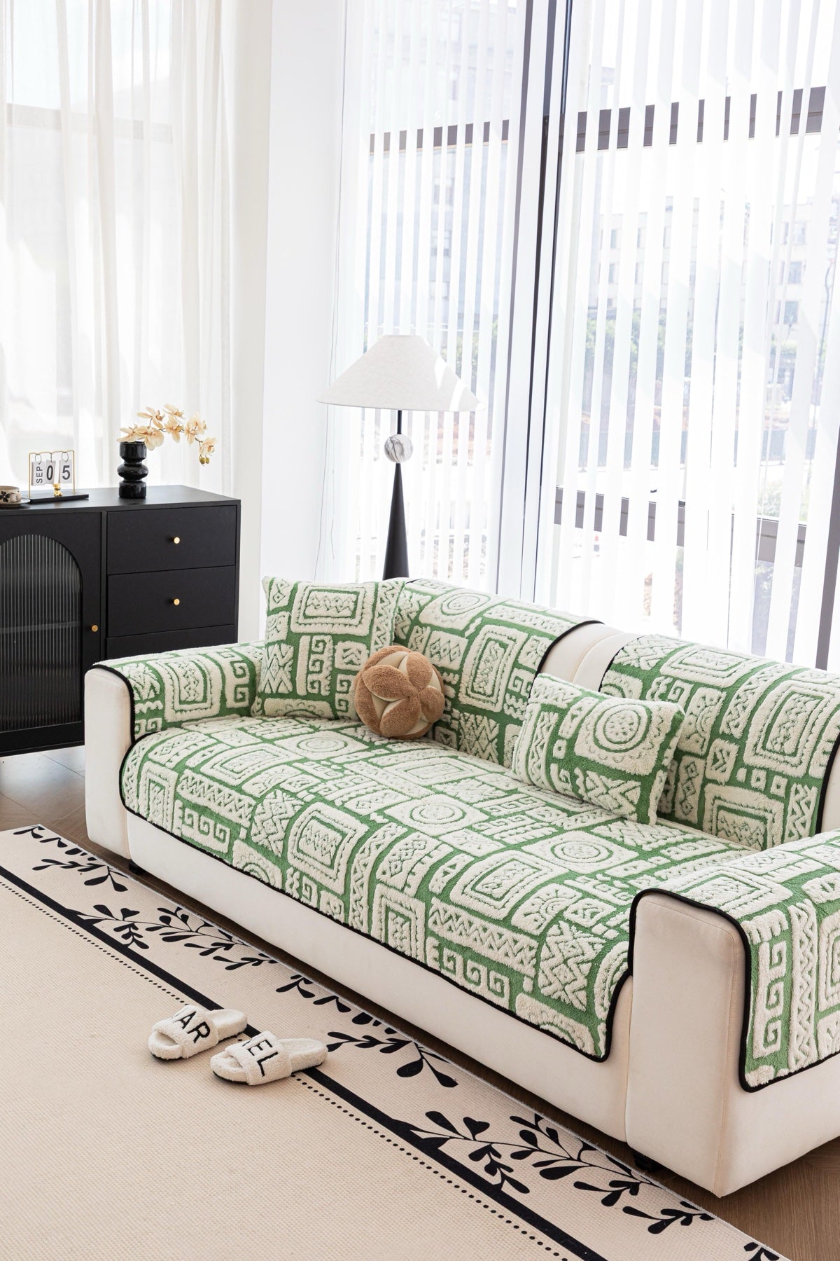 Sofa Decor Elara Geometric Plush Sofa Seat Cover in Sage Green - detail image for geometric plush couch cover pieces in Australia