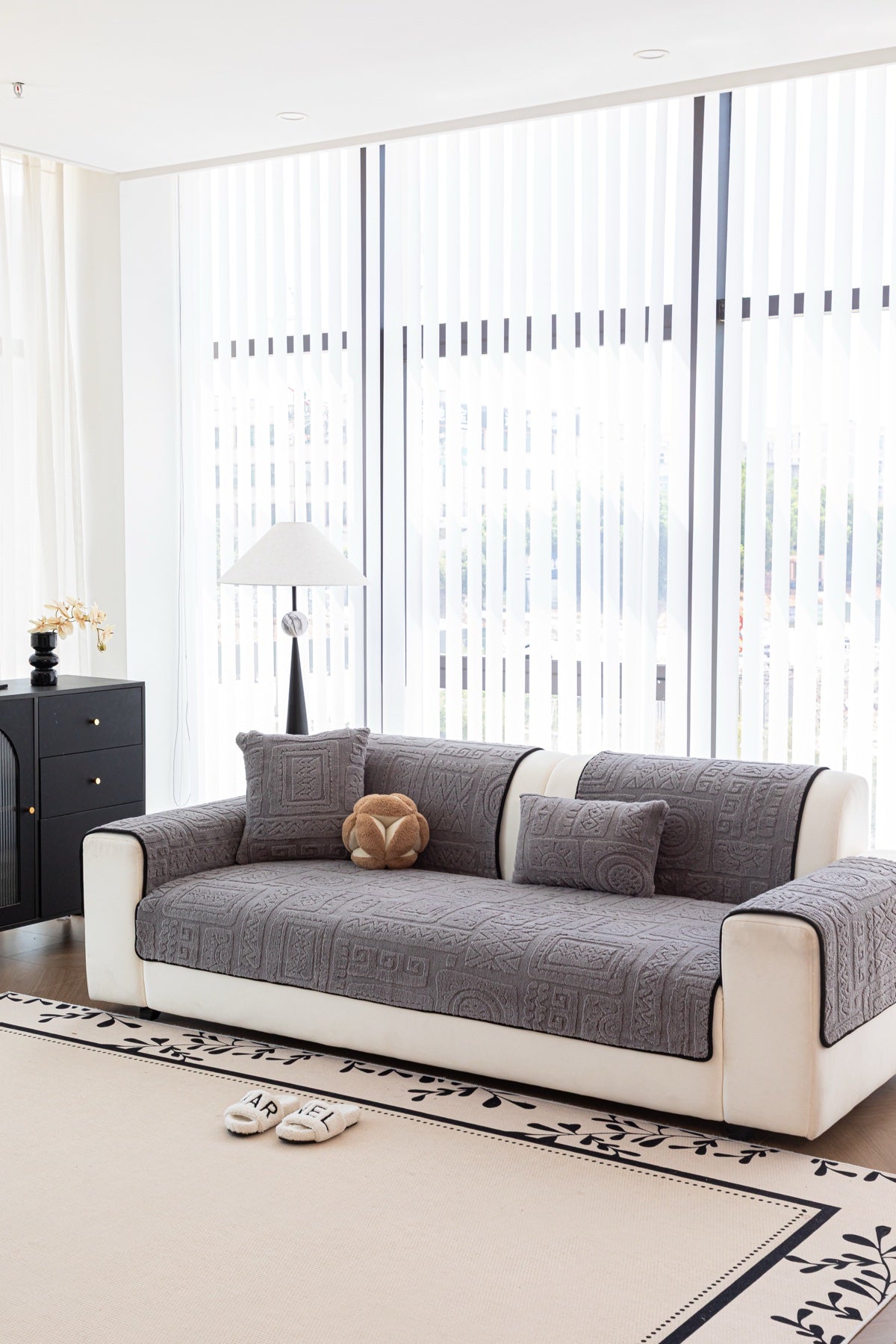 Sofa Decor Elara Geometric Plush Sofa Seat Cover in Slate Grey - lifestyle image for geometric plush couch cover pieces in Australia
