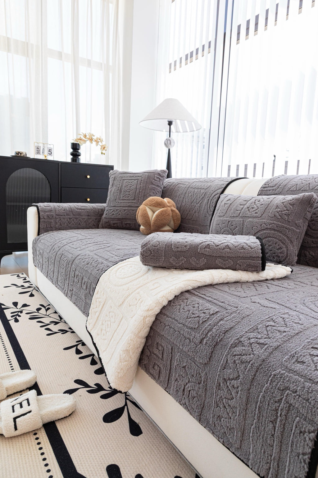 Sofa Decor Elara Geometric Plush Sofa Seat Cover in Slate Grey - detail image for geometric plush couch cover pieces in Australia