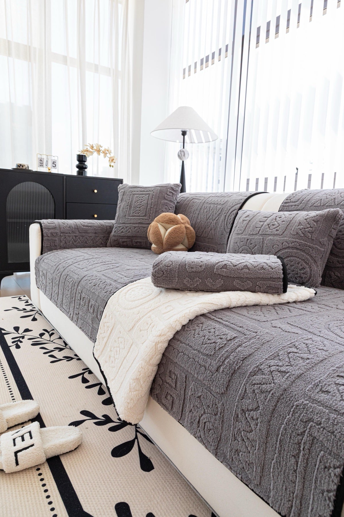 Sofa Decor Elara Geometric Plush Sofa Seat Cover in Slate Grey - detail image for geometric plush couch cover pieces in Australia