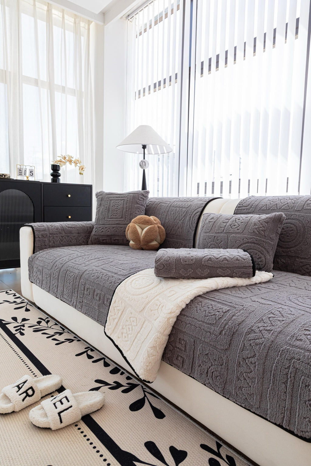Sofa Decor Elara Geometric Plush Sofa Seat Cover in Slate Grey - detail image for geometric plush couch cover pieces in Australia