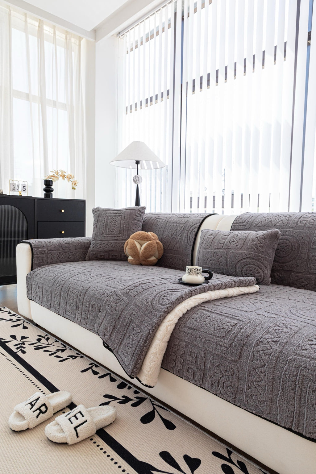 Sofa Decor Elara Geometric Plush Sofa Seat Cover in Slate Grey - detail image for geometric plush couch cover pieces in Australia