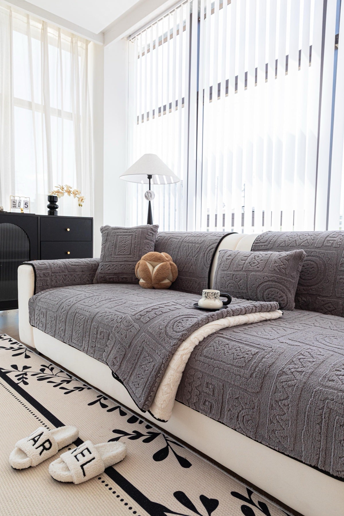 Sofa Decor Elara Geometric Plush Sofa Seat Cover in Slate Grey - detail image for geometric plush couch cover pieces in Australia