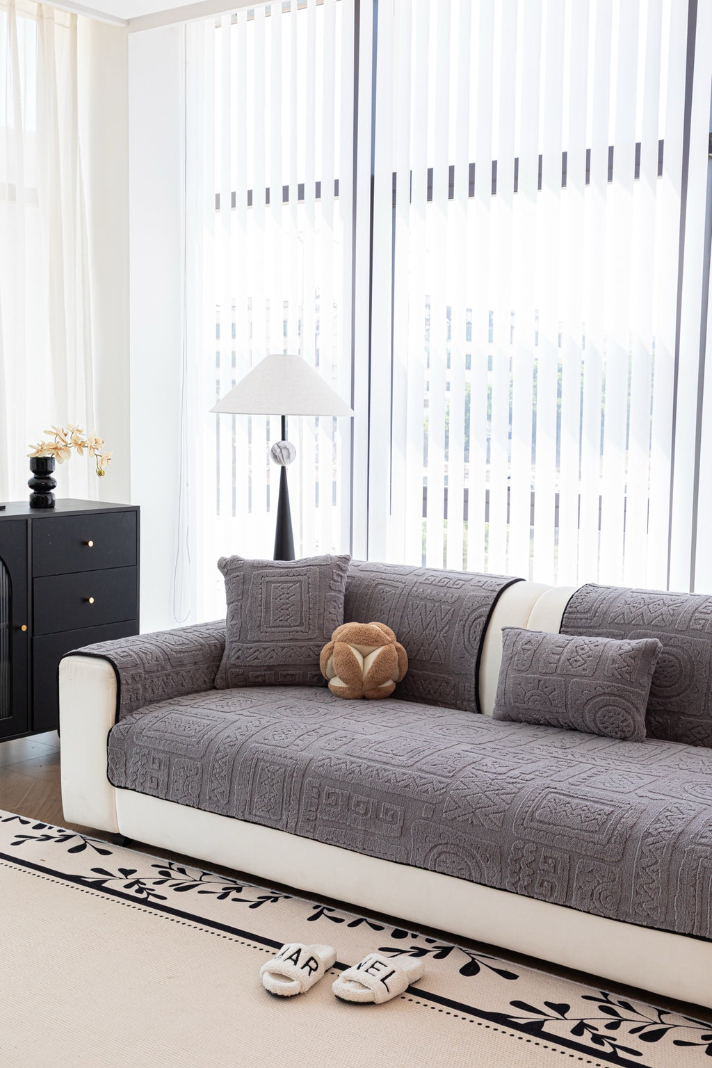 Sofa Decor Elara Geometric Plush Sofa Seat Cover in Slate Grey - detail image for geometric plush couch cover pieces in Australia