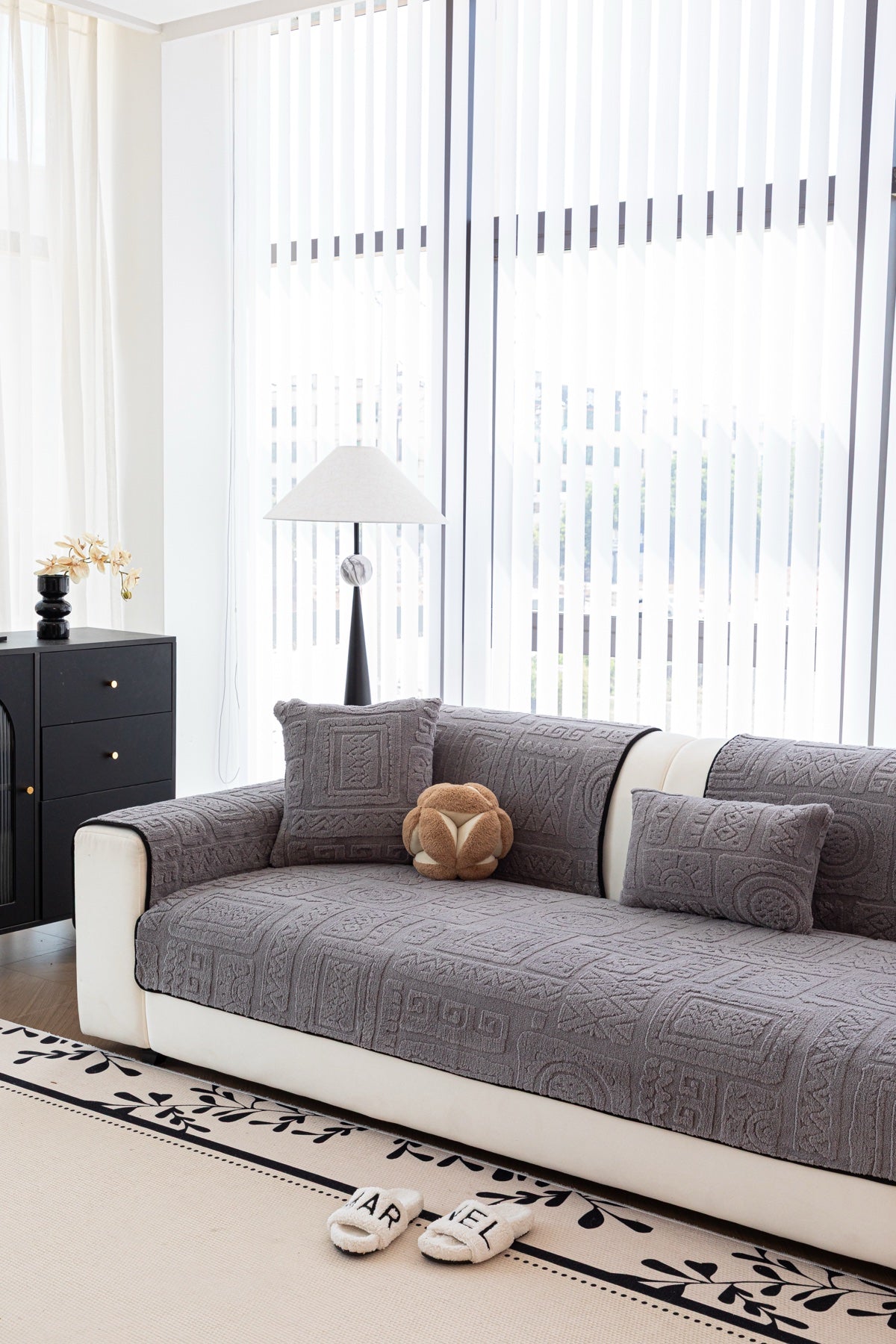 Sofa Decor Elara Geometric Plush Sofa Seat Cover in Slate Grey - detail image for geometric plush couch cover pieces in Australia