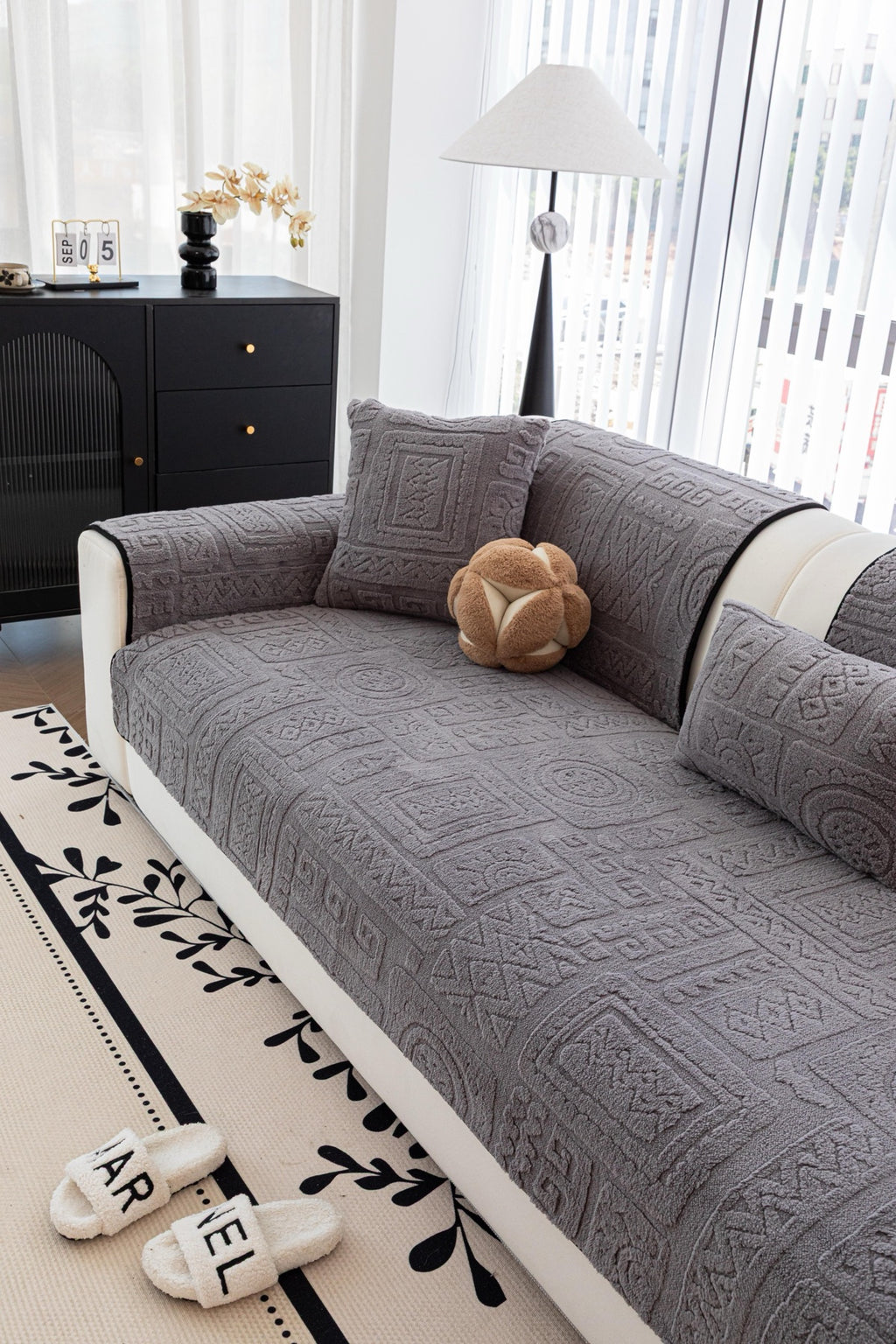 Sofa Decor Elara Geometric Plush Sofa Seat Cover in Slate Grey - detail image for geometric plush couch cover pieces in Australia
