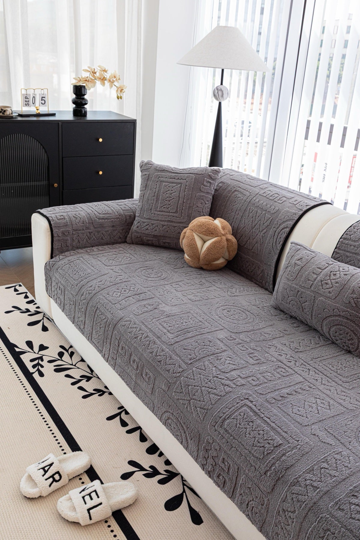Sofa Decor Elara Geometric Plush Sofa Seat Cover in Slate Grey - detail image for geometric plush couch cover pieces in Australia