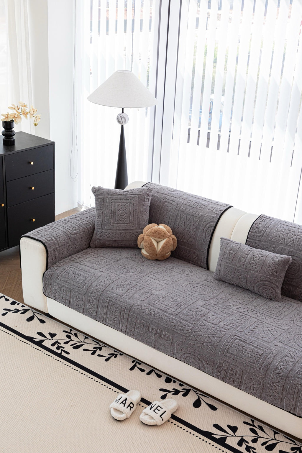 Sofa Decor Elara Geometric Plush Sofa Seat Cover in Slate Grey - detail image for geometric plush couch cover pieces in Australia