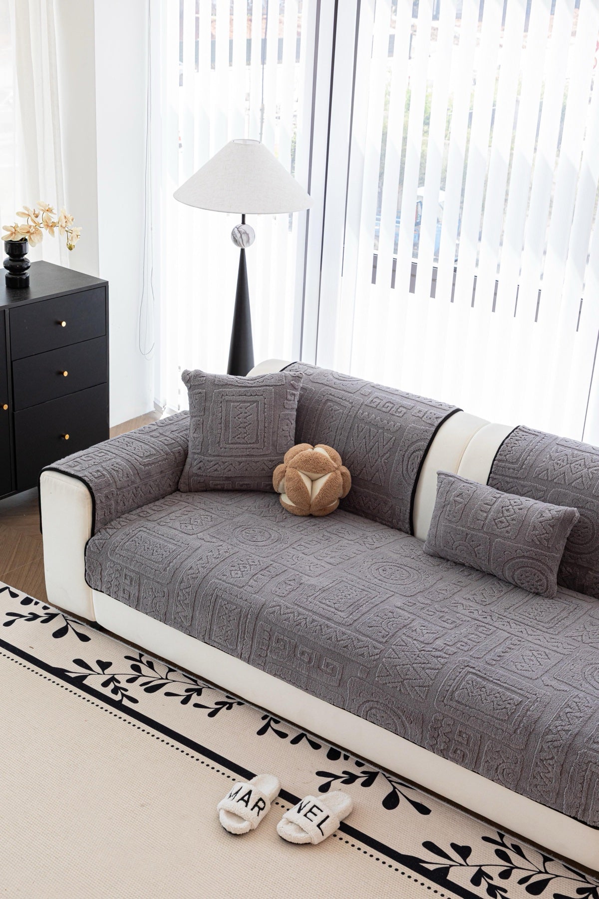 Sofa Decor Elara Geometric Plush Sofa Seat Cover in Slate Grey - detail image for geometric plush couch cover pieces in Australia