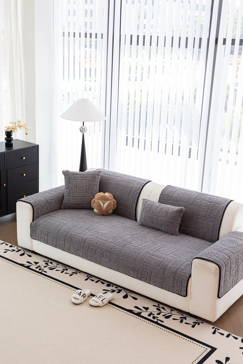 Sofa Decor Elara Geometric Plush Sofa Seat Cover in Slate Grey - detail image for geometric plush couch cover pieces in Australia