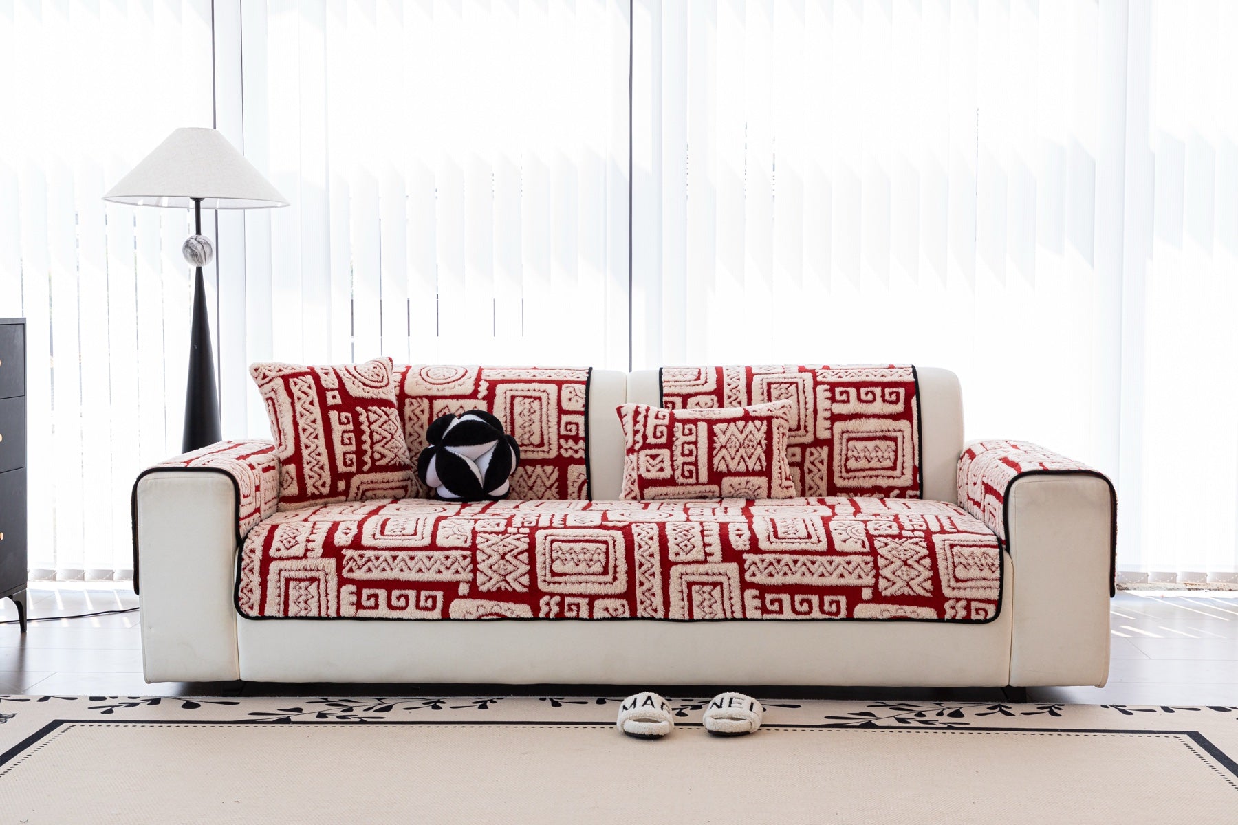 Sofa Decor Elara Geometric Plush Sofa Seat Cover in Terracotta Red - lifestyle image for geometric plush couch cover pieces in Australia