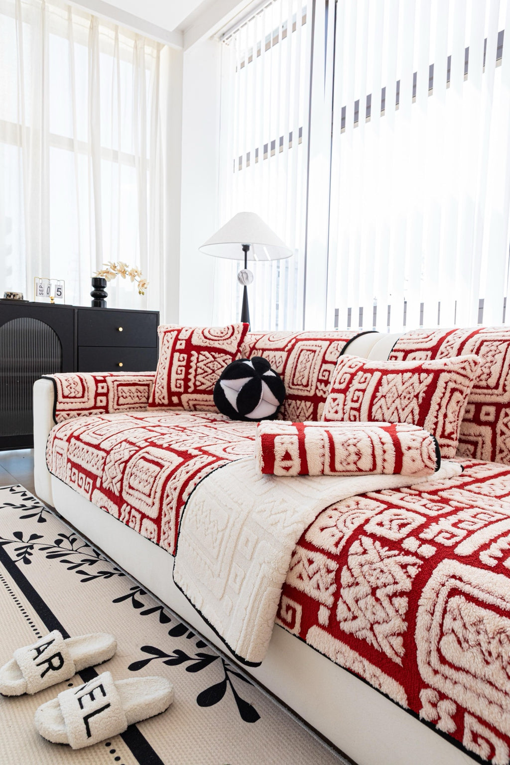 Sofa Decor Elara Geometric Plush Sofa Seat Cover in Terracotta Red - detail image for geometric plush couch cover pieces in Australia