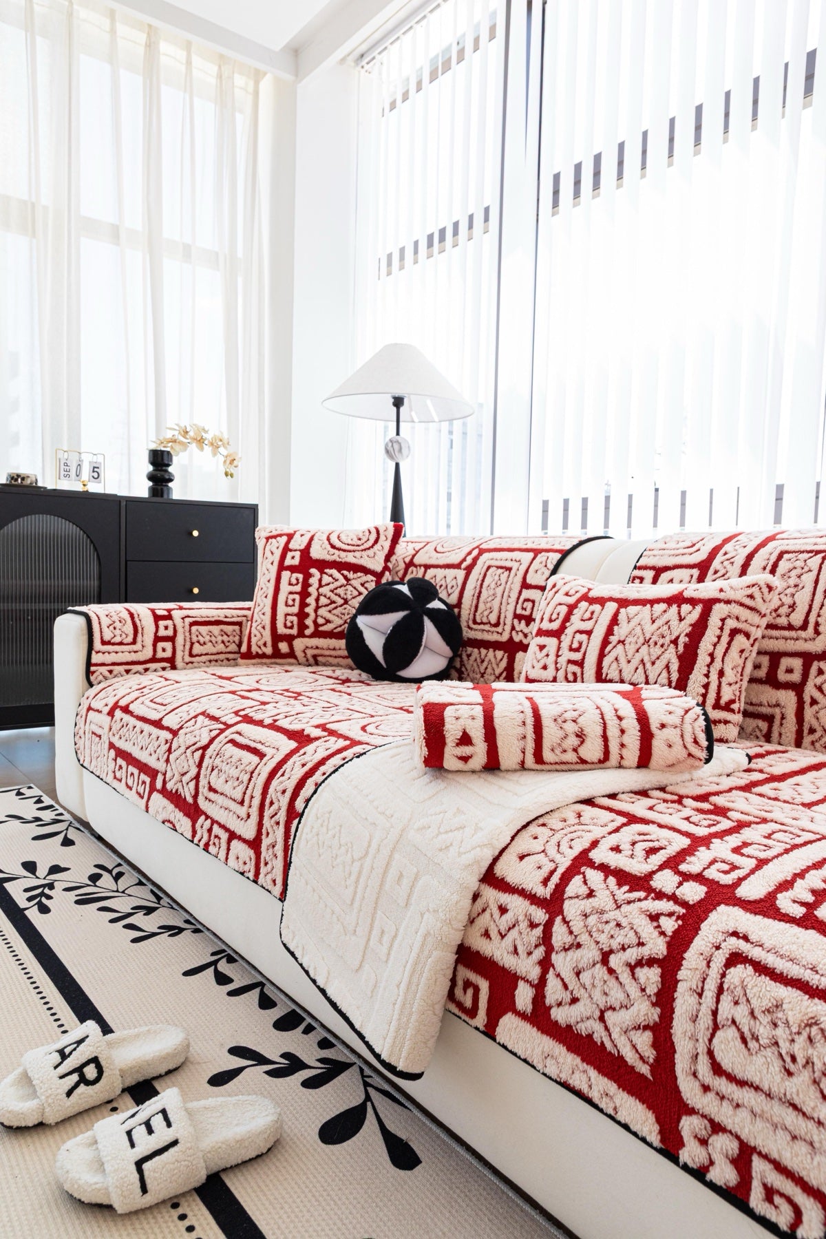 Sofa Decor Elara Geometric Plush Sofa Seat Cover in Terracotta Red - detail image for geometric plush couch cover pieces in Australia