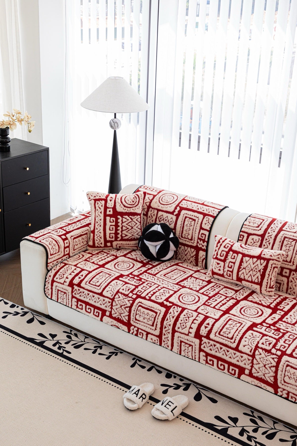Sofa Decor Elara Geometric Plush Sofa Seat Cover in Terracotta Red - detail image for geometric plush couch cover pieces in Australia