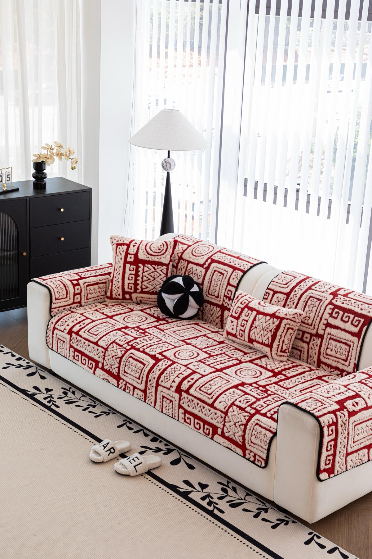 Sofa Decor Elara Geometric Plush Sofa Seat Cover in Terracotta Red - detail image for geometric plush couch cover pieces in Australia