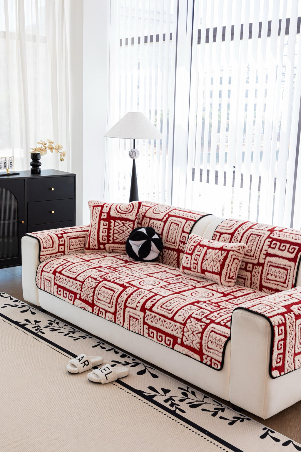 Sofa Decor Elara Geometric Plush Sofa Seat Cover in Terracotta Red - detail image for geometric plush couch cover pieces in Australia