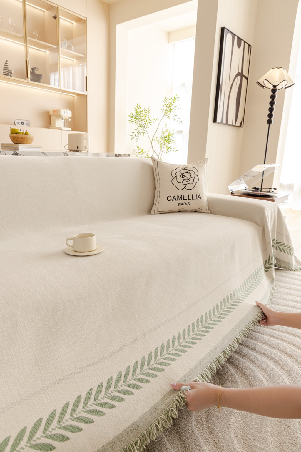 Sofa Decor Elowen Olive Border Sofa Throw Cover in Olive Border - olive border sofa throw cover styled couch cover in Australia, image 5